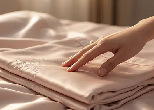 Mano che accarezza un tessuto soffice di colore rosa chiaro