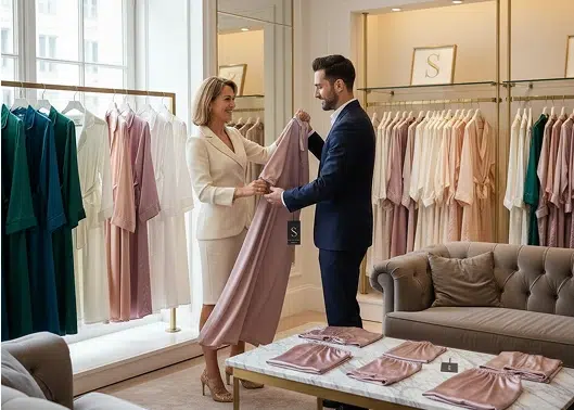 Due persone in un negozio di abiti che verificano un tessuto